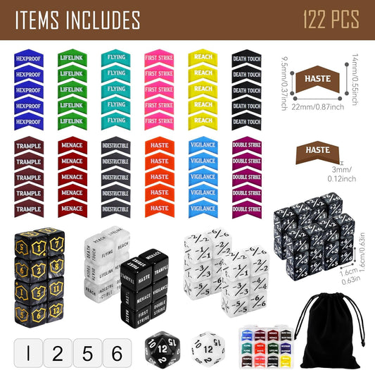 122PCS MTG Abilities Keyword Tokens Dice Counters Set for Magic The Gatering, MTG Buff Tokens Plus 1 Life Counters Dice, Compatible with CCG Creature Stats TCG Magic Card Gaming Accessories
