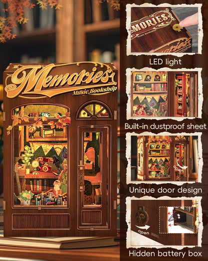 CUTEBEE Book Nook Kit - DIY Miniature House Dollhouse Kit for Adult and Teens, Booknook Bookshelf Decor Alley Model Build with LED Light, Gifts for Family and Friends (Memories Music Bookshop)