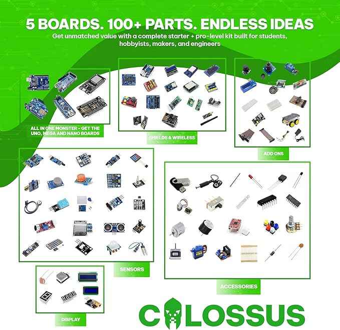 GAR Colossus Starter Kit for Arduino 5 Main Boards 30 Sensors (Uno R3, Mega 2560, Nano V3, ESP8266, ESP32) | 100+ Parts, IoT, Wireless & Smart Robot Car Projects Husky Tool Box + Tutorials