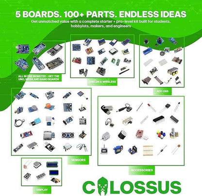 GAR Colossus Starter Kit for Arduino 5 Main Boards 30 Sensors (Uno R3, Mega 2560, Nano V3, ESP8266, ESP32) | 100+ Parts, IoT, Wireless & Smart Robot Car Projects Husky Tool Box + Tutorials
