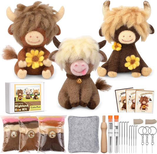 Yizzvb Needle Felting Kit, Highland Cow Family Needle Felt Beginner Kits with Instruction, Wool, Felting Needles, Felting Pad, Wool Felting Kits for Beginners Home Decoration