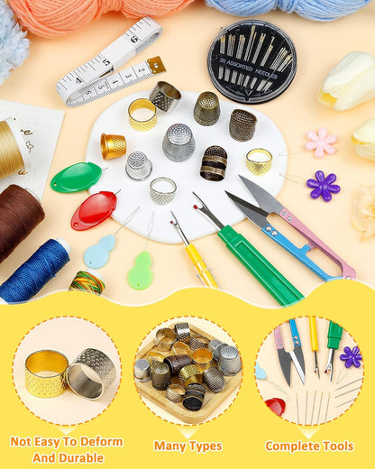 FIVEIZERO Thimble Kit– Sewing Thimbles for Hand Sewing, Metal Finger Protectors, Thimble Ring for Quilting, Includes Needle Threader, Embroidery Needles, Seam Ripper, Measuring Tape and Thread Snips