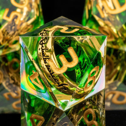 OUKELANWO Magic Lord Rings DND Dice Set with Box, 7Pcs Resin LOTR D&D Dice Set for Role Playing Game, Green Gold Dungeons Dragons D and D Sharp Edge Dice D20 D12 D10 D8 D6 D4