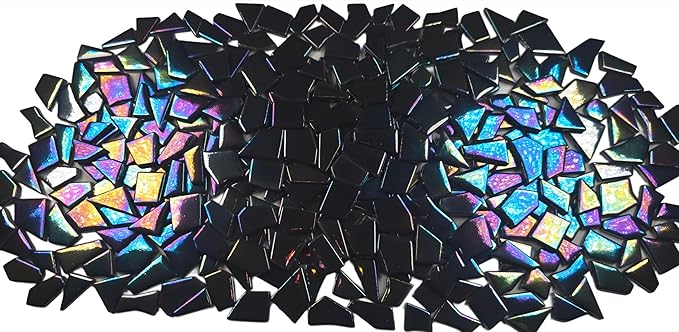 Irregular Glass Mosaic Tiles Bulk 500g Glossy and Iridescent Mosaic Glass Tiles for DIY Projects and Arts and Crafts Solid Colors and Mixes (Iridescent Black)