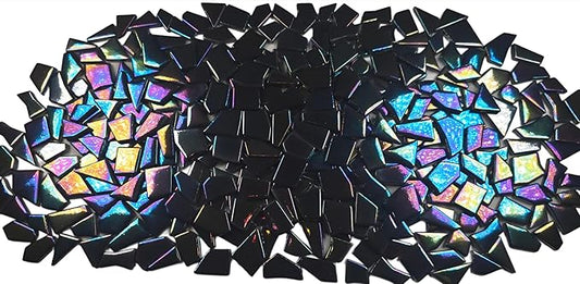 Irregular Glass Mosaic Tiles Bulk 500g Glossy and Iridescent Mosaic Glass Tiles for DIY Projects and Arts and Crafts Solid Colors and Mixes (Iridescent Black)
