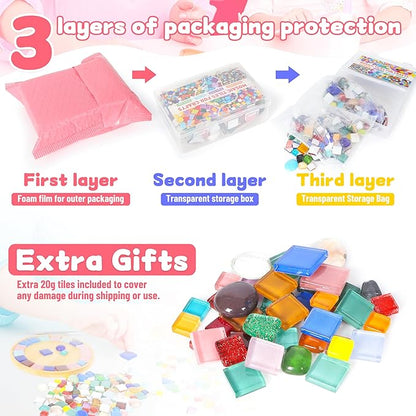 Glass Mosaic Tiles Crafts: 300 Pieces Bulk DIY Kit for Adults with Pre-Cut Mixed Shapes and Iridescent Crystals for Art Home Decor Garden Stepping Stones and Coasters