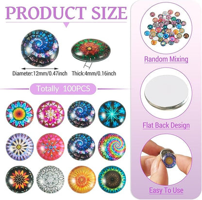 Craftora 100Pcs Flower Printed Glass Cabochons for Jewelry Making, Mixed Color Half Round Cameo Dome Tiles Kaleidoscope Picture Flatback Dome Cabochons for Photo Cameo Pendant Scrapbooking DIY Crafts