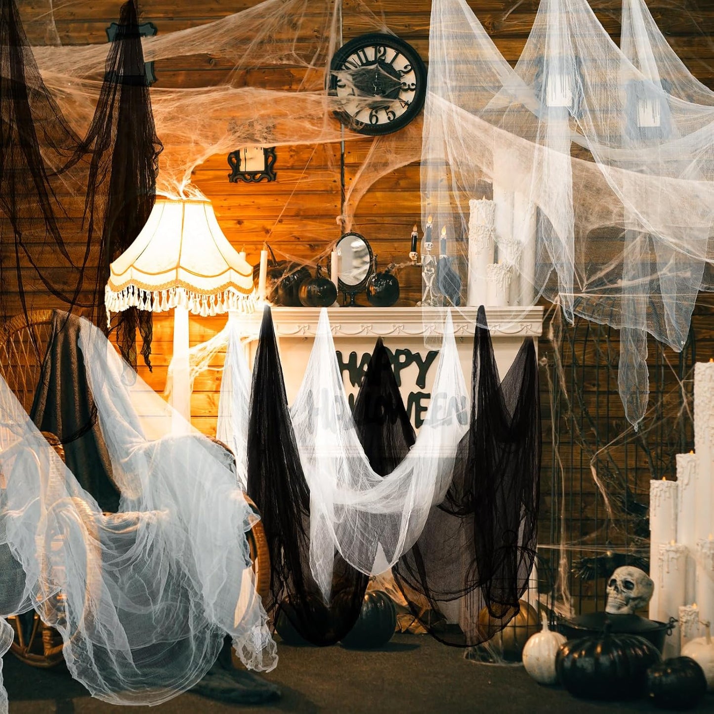 Boao Halloween Cheese cloth 84.65 x 98.43 Inch White Black Cheesecloth Roll for Crafts Large Cotton Muslin Gauze Fabric for Halloween Outdoor & Indoor Spooky Decoration