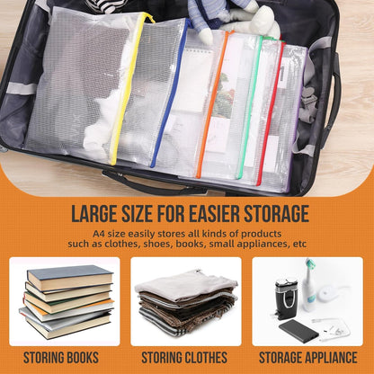 24pcs Mesh Zipper Pouch Bags, 12 Colors Extra Large 12PCS A3 and 12pcs A4, Puzzle Bag for Organizing, Classroom Must Have Storage Bag, File Bags for School, Board Games and Office Supplies