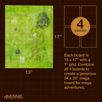 GSM Brands Battle Mat with Grid for Dungeons Role Playing Tabletop Dragons Game - 4 Pack Open Plains Setting Dry Erase Battle Boards, Non-Skid Back (17x13 Inches Each Makes 34x26 Board)