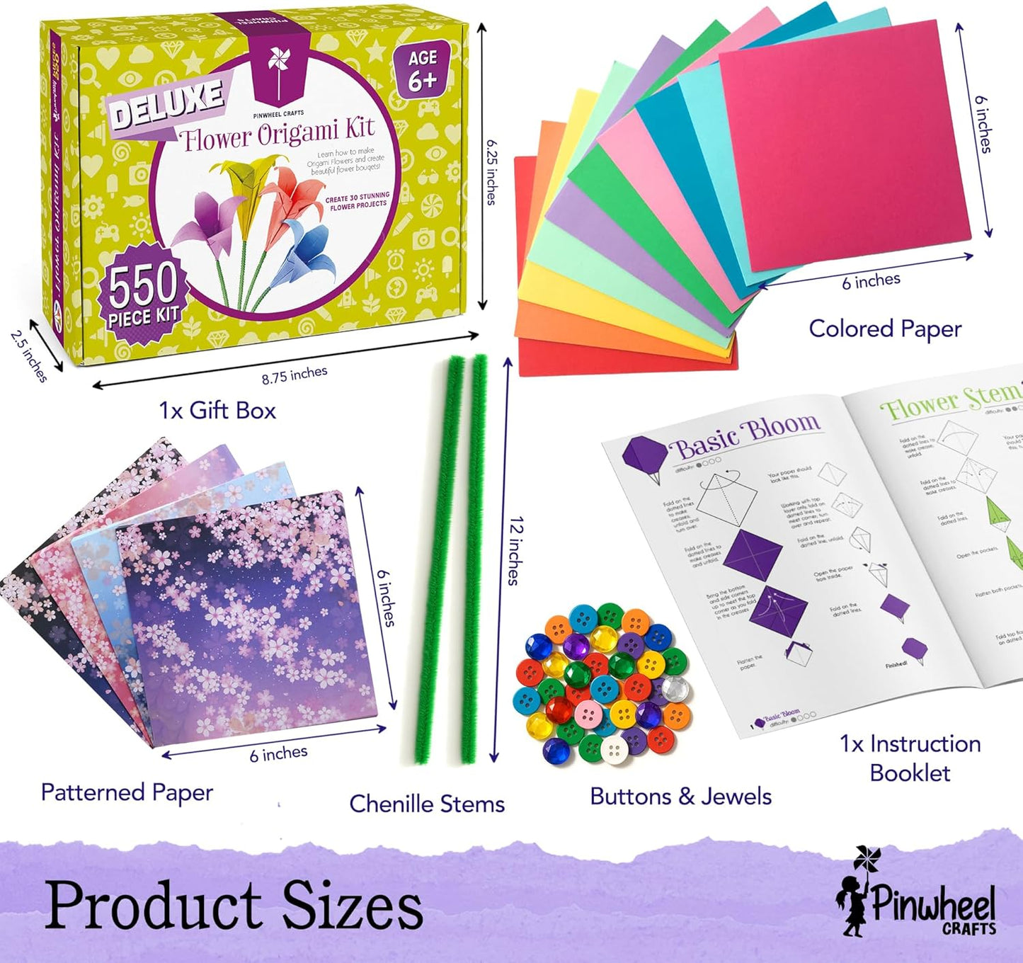 Pinwheel Crafts Origami Papers Kit - Multicolor Flower Origami Kit for Kids,Teens and Adults Ages 6 7 8 9 10 11 12+, Arts and Paper Crafts for Kids 550 Pcs - Fun Foldable Gift - Crafty Corner