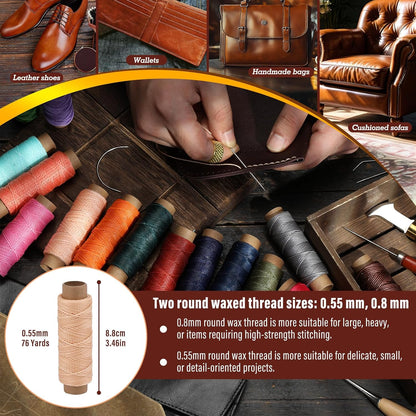 0.55 mm Round Waxed Thread, 14 Colors 76 Yards Spool Wax Coated String, Leather Sewing Waxed Thread for Sewing, Stitching, Beading, Braiding, Bracelet, Bookbinding