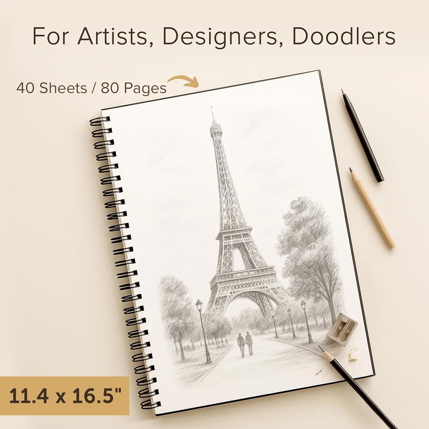 Artist’s Sketchbook Hardcover – 200GSM Very Thick Paper – Large, Spiral Sketch Book for Drawing and Mixed Media – Sketch Pad, Art Book - 11.4 x16.5, 40 Sheets / 80 Pages - Crafty Corner