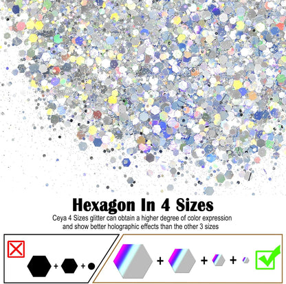 Ceya Holographic Chunky Glitter, 4.9oz/ 140g Diamond Silver Craft Glitter Powder Mixed Fine Flakes Iridescent Nail Sequins for Nail Art, Hair, Epoxy Resin, Tumblers, Slime, Painting, Festival Decor