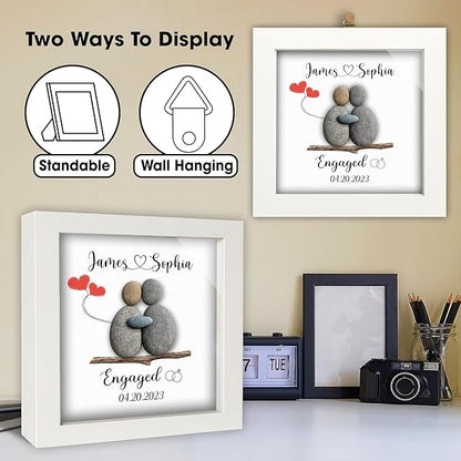 Personalized Engagement Pebble Art Frame for Couple, Custom Names and Date Engaged Sign with Keychain & Card, Newly Engaged Gift Idea, Romantic Engagement Gift Keepsake, Anniversary Couple Décor