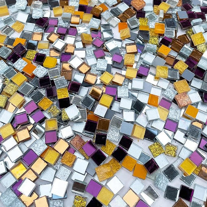 LITMIND 1.1LB Gold, Silver & Purple Mixed Glass Mosaic Tiles for Crafts - 0.4 Inch Square Mirror Glass Pieces, Ideal for Mosaic Art Projects, Puzzles, and Home Décor