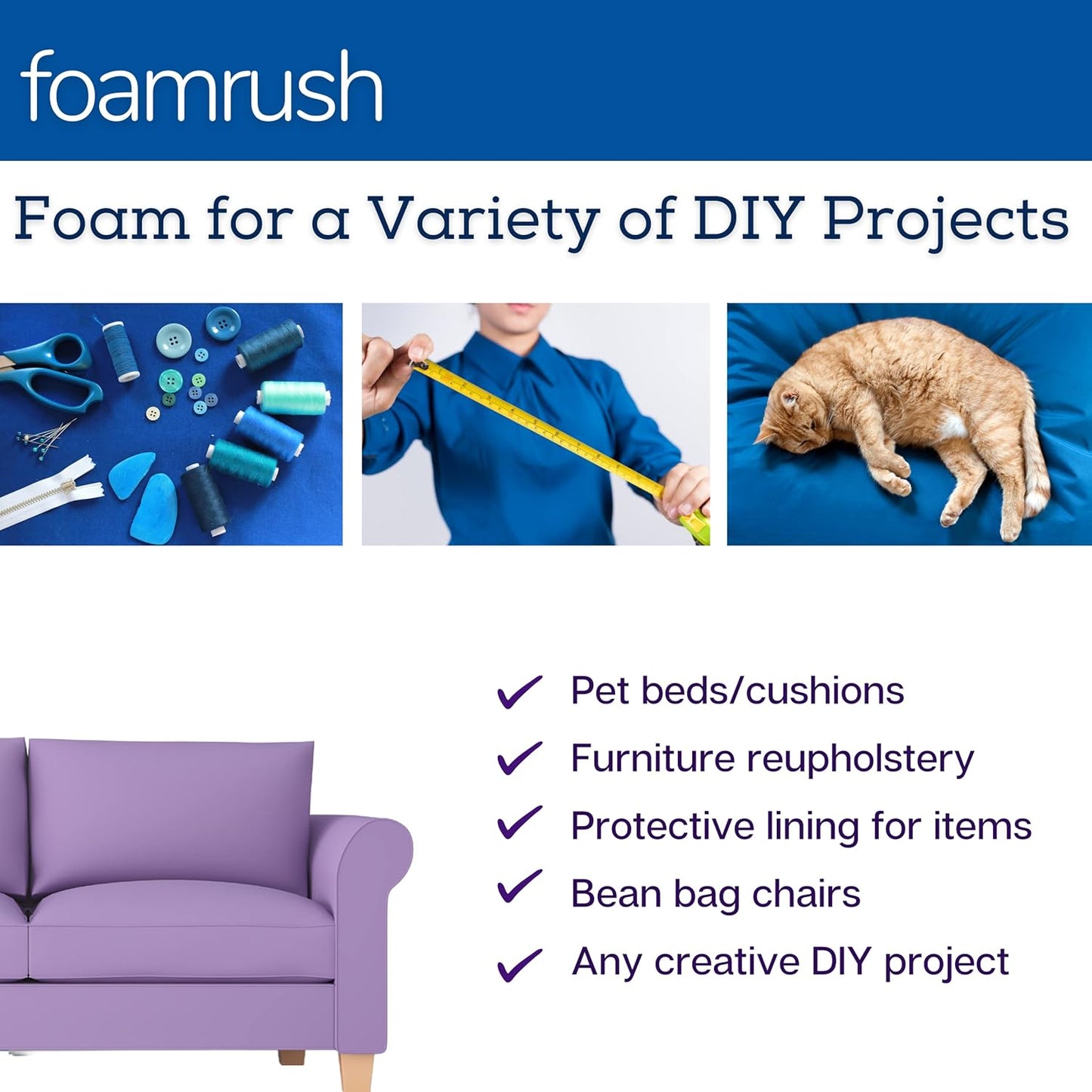 FoamRush 4" x 24" x 24" Gel Memory Foam Upholstery Square Cushion Medium Firm (Chair & Wheelchair Seat Cushion Replacement, Square Foam Dining Chairs, Couch, Sofa, Rubber Padding) - Crafty Corner