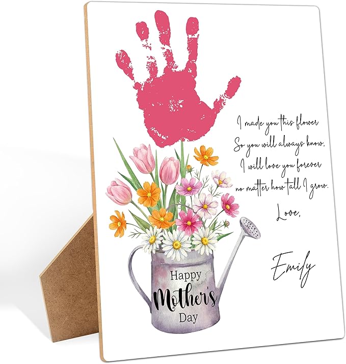 Mother's Day Flower Handprint Art Wooden Making Sign, Baby's First Mothers Day Handprint Keepsake for Family Activities, Gifts for Mom Grandma Grandmother First Time Mom, 9x12 Inch