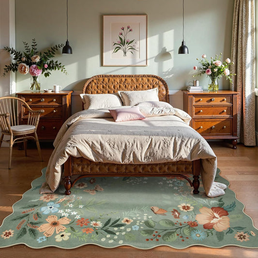 Beeiva Washable Rugs 5x7 - Scalloped Floral Printed Soft Non Slip Green Rug for Bedroom Under Bed Boho Living Room Rugs Ultra-Thin Low Pile Carpet for Playroom Dining Room Dorm(Green,5x7ft)