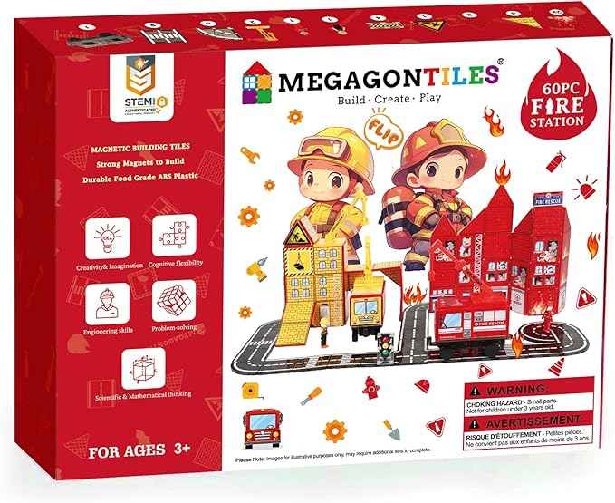 Fire Station Magnetic Tiles Set 60PCS | STEM Magnetic Building Blocks with Fire Trucks & Cranes | Educational Construction Toy for Kids Ages 3–8 | Compatible with All Tile Brands