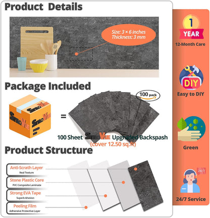 100 Pieces Peel and Stick Backsplash for Kitchen, 3" x 6" PVC Subway Tile 2026 Upgraded Gray Concrete Stone Backsplash Stick on Tile Elevate Kitchen Fireplace RV