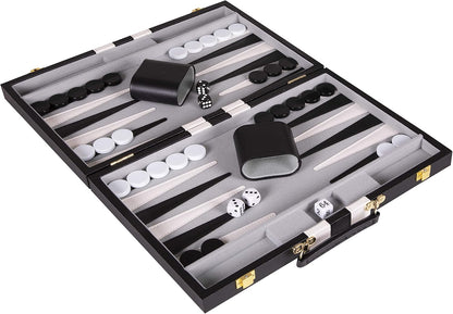 Backgammon Sets for Adults with Premium Leather Case | Classic Travel Backgammon Set for Adults and Kids with Strategy & Guide | 15 Inches | Medium | Black