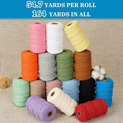 Macrame Cord 3mm x 164 Yards, 3 Rolls Blue Colored Macrame Cotton Cord Rope Kit Macrame Yarns Bulk String 4 Strands Twisted for Wall Hanger Plant Hanging DIY Crafts Knitting Macrame Supplies