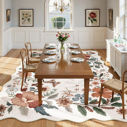 Beeiva Living Room Rugs 8x10 - Scalloped Floral Printed Soft Non Slip Washable Flower Rug for Bedroom Under Bed Boho Aesthetic Rugs Stain Resistant Large Carpet for Nursery Dorm(Beige,8x10ft)