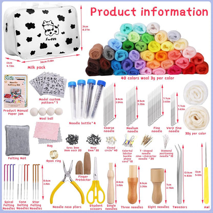Mayboos Needle Felting Kit, 42 Colors Wool Roving Set, Needle Felting Kit with Felting Tool and Foam Mat Needle Felting Supplies for Home Decoration Felted