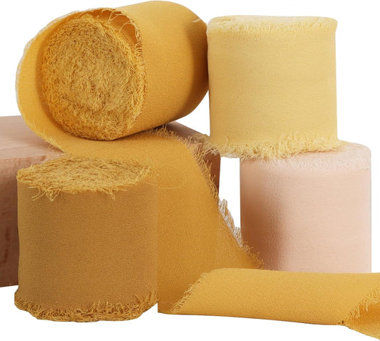 TONIFUL 4 Rolls Silk Chiffon Ribbon, 1-1/2 Inch x 22yds, Gold Chiffon Ribbons Set, Handmade Fringe Silk Ribbon for Gift Wrapping Bridal Bouquets Wedding Invitations Decoration Crafts - Crafty Corner
