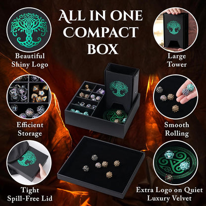 Dice Tray and Dice Tower for DND and RPG - All-in-One Game Roamer Tray & Large Tower for Random Rolls - Stores Your Sets, Mini's and More Compatible with D&D (Green Tree)