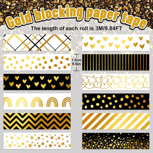 Whaline 12 Rolls Gold Foil Pattern Washi Tape Heart Dot Stripe Rainbow Masking Tape Set Decorative Wrapping Paper Tapes for Scrapbook Journal DIY Art Crafts