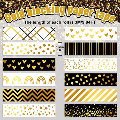Whaline 12 Rolls Gold Foil Pattern Washi Tape Heart Dot Stripe Rainbow Masking Tape Set Decorative Wrapping Paper Tapes for Scrapbook Journal DIY Art Crafts