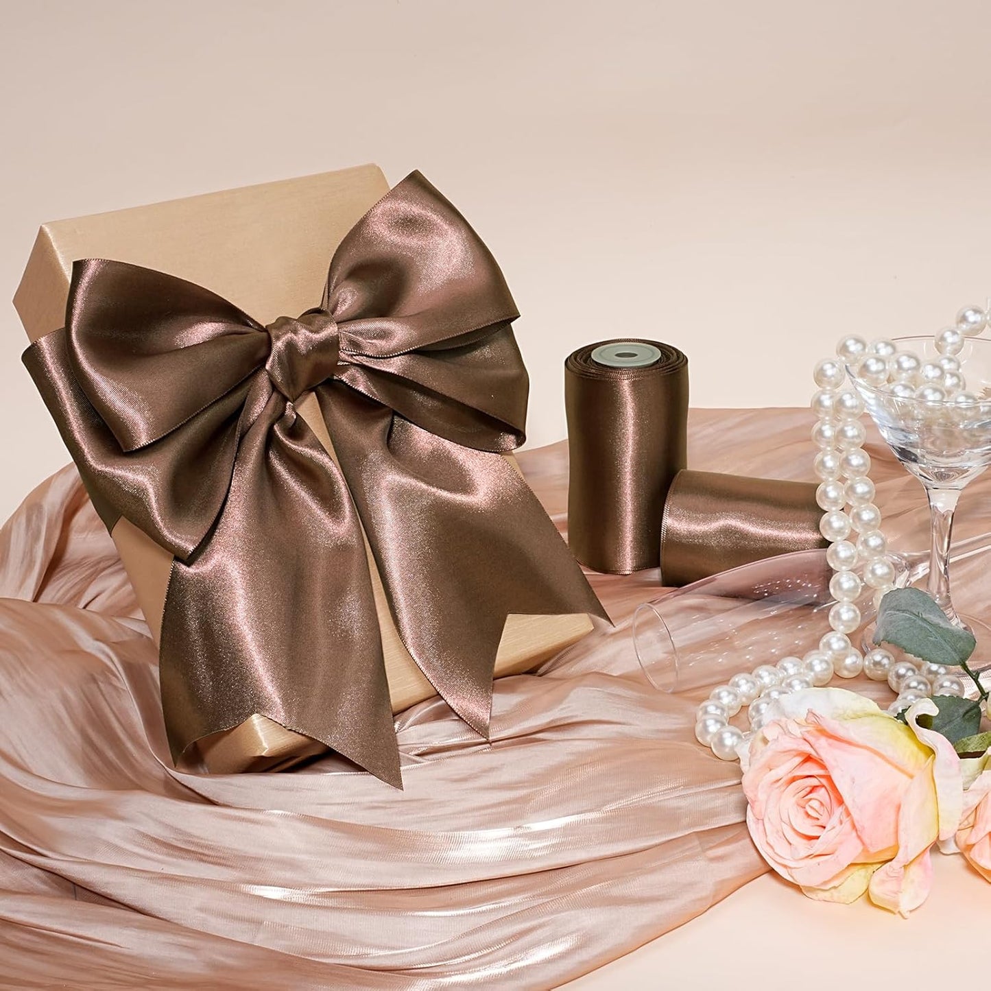 LaRibbons Brown Satin Ribbon 4 Inch 10 Yards Double Faced Luxury Mocha Silk Ribbon for Gift Wrapping Flower Bouquets Bow Christmas Wedding Party Decoration - Crafty Corner