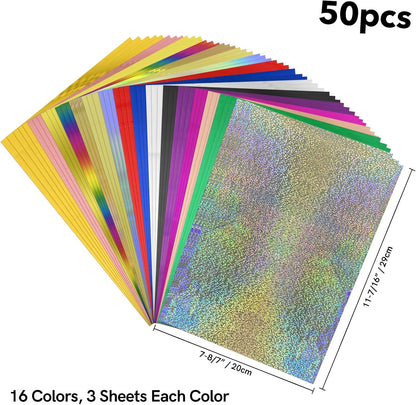 Briartw 20x29cm Hot Foil Paper 50 Sheets Pack Toner Reactive Foil Hot Stamping Foil Paper by Laser Printer and Laminator for Scrapbooking Craft Cardmaking DIY Album (16 Colors Mixed, 50 Sheets)