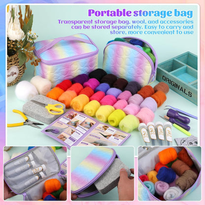 Mayboos Needle Felting Kit, 50 Colors Wool Roving Set, Needle Felting Starter Kit for Beginners with Wool Felting Tool Mat Needle Felting Supplies for DIY Crafts Home Decoration