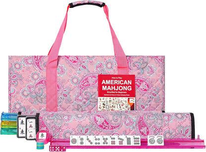 American Mahjong Game Set, 166 White Tiles, 4 All-in-One Color Rack/Pushers, Complete Mahjong Set with Pink Printed Carrying Bag
