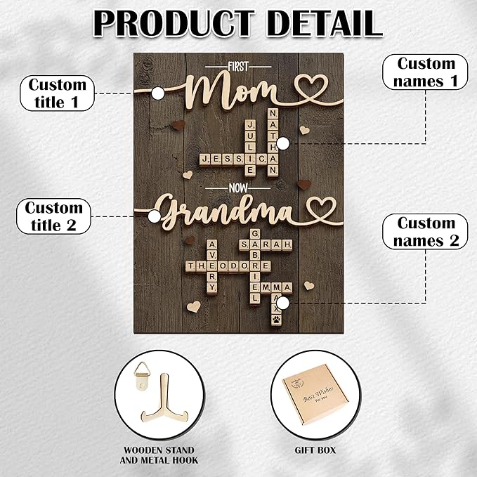 Personalized Family Scrabble Name Sign, Mom Gifts for Mothers Day from Son Daughter, Custom Crossword Tiles Letter Plaque, Birthday Gift for Nana, Grandma, Mimi, First Mom Now Grandma Keepsake