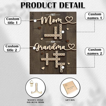 Personalized Family Scrabble Name Sign, Mom Gifts for Mothers Day from Son Daughter, Custom Crossword Tiles Letter Plaque, Birthday Gift for Nana, Grandma, Mimi, First Mom Now Grandma Keepsake