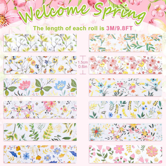 Whaline 12 Rolls Spring Floral Washi Tape Foil Gold Colorful Flowers Masking Tape 15mm Watercolor Plants Spring Decorative Washi Tape Sticker for Holiday Scrapbook Journal DIY Craft Gift Wrapping