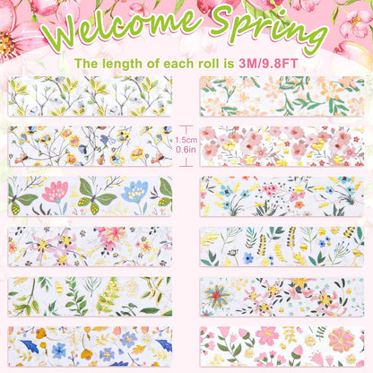 Whaline 12 Rolls Spring Floral Washi Tape Foil Gold Colorful Flowers Masking Tape 15mm Watercolor Plants Spring Decorative Washi Tape Sticker for Holiday Scrapbook Journal DIY Craft Gift Wrapping
