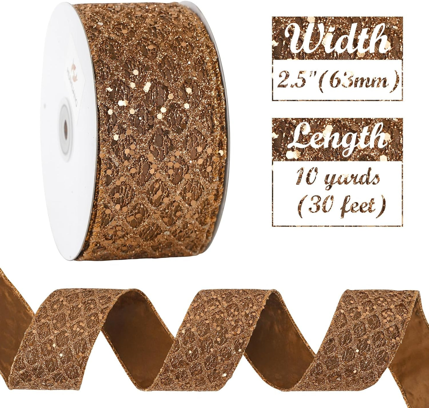 HUIHUANG Glitter Copper Wired Ribbon 2.5 inch Copper Diamond Mesh Wire Edge Ribbon for Christmas Tree, Thanksgiving Fall Decor, Wreaths, Garland, Gift Wrapping, Bows Making -10 Yards - Crafty Corner