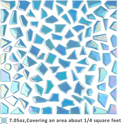 Youway Style Iridescent Glass Mosaic Tiles for Crafts Bulk,200g Blue Broken Mosaic Glass Pieces for Garden Crafts Kits,DIY Mosaic Art Decor