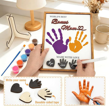 Bonus Mom Gifts DIY Handprint Kit Personalized Keepsake Frame, Gifts for Stepmom Step Mother Christmas Birthday Mother Gift, Bonus Mom Gift from Daughter Son Family Craft