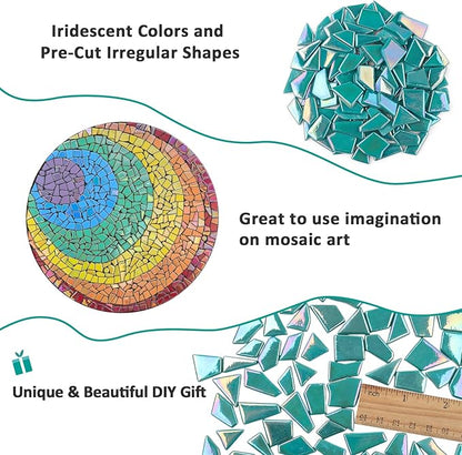 Youway Style Iridescent Teal Glass Mosaic Tiles for Crafs Bulk,200g Broken Stained Glass Pieces for Crafts DIY Mosaic Making Art Decor