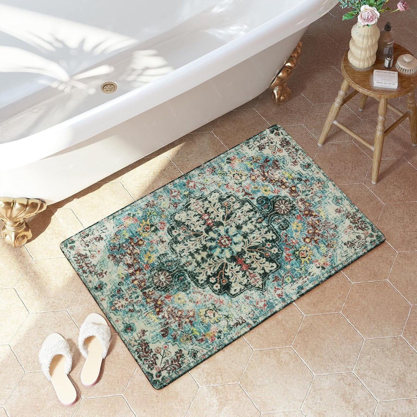 Lahome Boho Bohemian Area Rug - 2x3 Small Washable Bathroom Entryway Kitchen Rug,Floral Medallion Non Slip Pet Friendly Vintage Throw Carpet for Indoor Front Door Sink Living Room Bedroom,Teal