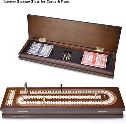 AMEROUS Wooden Cribbage Board Game Set with Magnetic Lock - Metal Pegs - 2 Playing Cards - Continuous 3 Track Board - Larger Storage Area, Travel Portable Cribbage Game Sets for Family