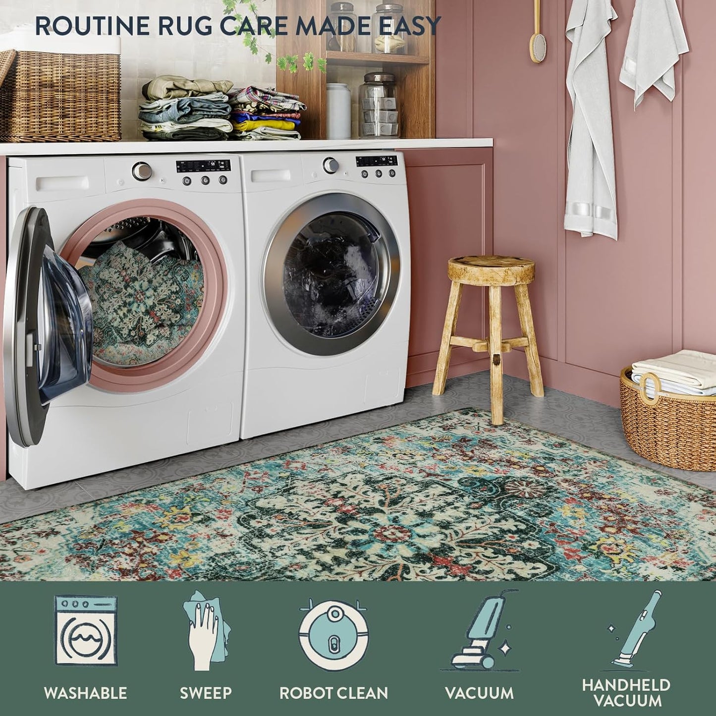 Lahome Boho Bohemian Area Rug - 2x3 Small Washable Bathroom Entryway Kitchen Rug,Floral Medallion Non Slip Pet Friendly Vintage Throw Carpet for Indoor Front Door Sink Living Room Bedroom,Teal