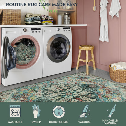 Lahome Boho Bohemian Area Rug - 2x3 Small Washable Bathroom Entryway Kitchen Rug,Floral Medallion Non Slip Pet Friendly Vintage Throw Carpet for Indoor Front Door Sink Living Room Bedroom,Teal