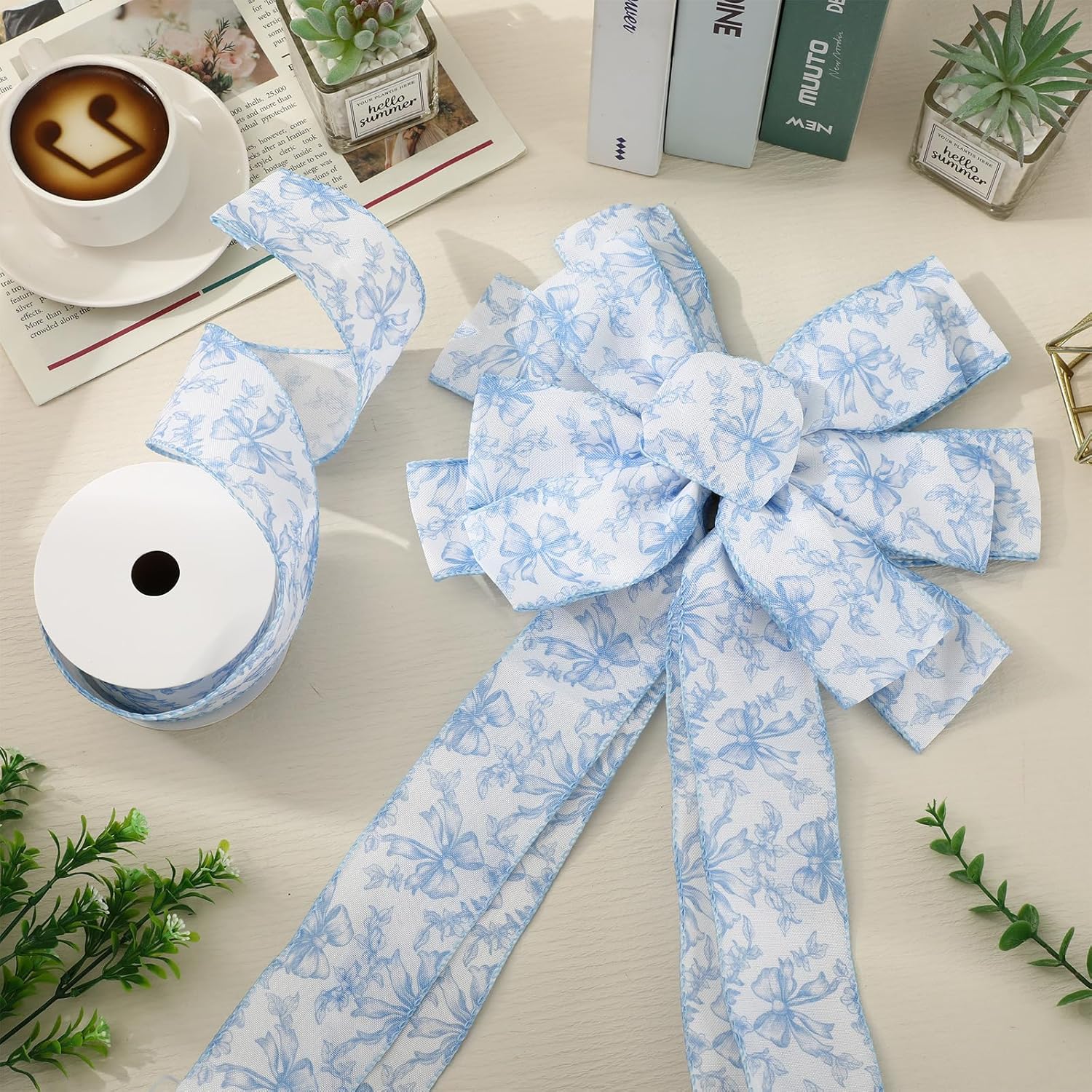 Blue Floral Bow Wired Edge Ribbon Chinoiserie Flower Bowknot Fabric Ribbon for DIY Crafts Wreath Bow Making Supplies, 12 Yard - Crafty Corner